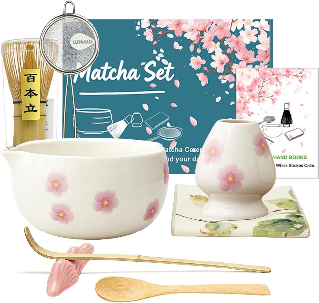 Matcha Set 8-Piece Ceremonial Matcha Whisk Kit with Pink Cherry Blossom Bowl, Bamboo Whisk & Chasen Stand, Traditional Tea Tools for Tea Lovers & Home Ritual Cream White Gift for Women