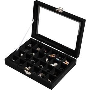 Frebeauty 24 Grid Jewelry Tray,Velvet Stud Earring Organizer,Small Jewelry Organizer with Clear Lid,Lockable Earring Holder Organizer Jewelry Boxes & Organizer Ring Holder for Women & Girls(Black)