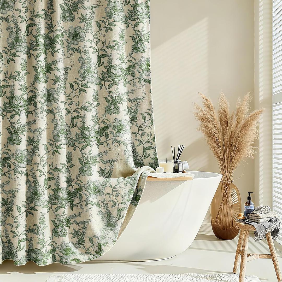Farmhouse Sage Green Floral Shower Curtain with 12 Clear Rings, Fabric Faux Linen Shower Curtain Set, Vintage Cottagecore Shower Curtain for Bathroom 72" W x 72" L