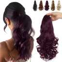 FELENDY 15" Ponytail Extension Drawstring Curly Wavy Ponytail Extensions Clip in Long Pony Tails Hair Cute Synthetic Piece for Women Grape Red