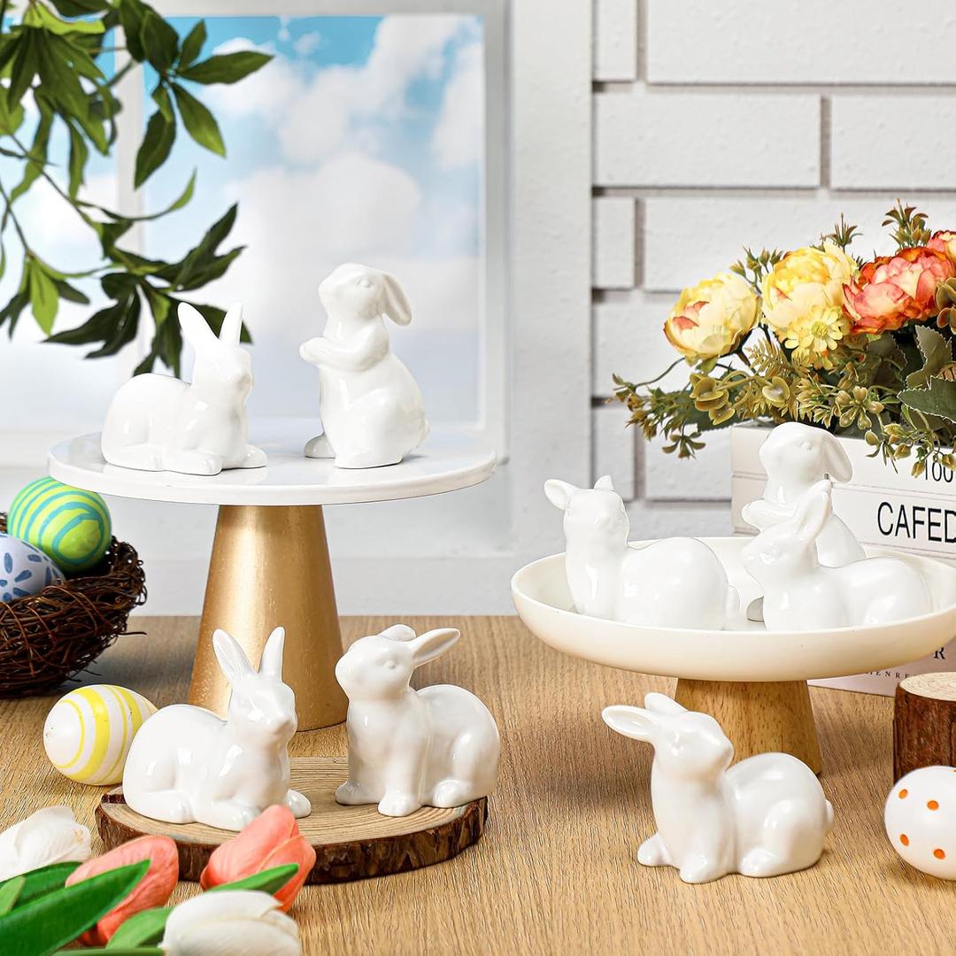 Nuenen 8 Pcs Easter Bunny Decorations Mini Ceramic Rabbit Figurine Decor Vintage Bunny Figurine 3.5 Inch Spring Easter Porcelain Modern Home Decor for Living Room, Bedroom, Office Desktop(White)