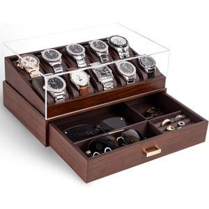 KAMIER Watch Box for Men, 10 Slots Mens Watch Case with Glass Lid, Watch Display Case With Drawer, 2-Layer Watch Holder Organizer, Jewelry and Watch Storage for Men Women, Walnut