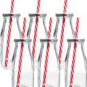 Estilo Glass Milk Bottle with Lid - Milk Glass - Reusable Glass Bottle for Dairy Milk With Straws & Metal Screw On Lids, 10.5 Ounce, Clear, Set of 7