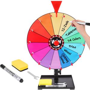 12 Inch Tabletop Spinning Prize Wheel - 14 Slot Tabletop Spin Wheel with Stand, Heavy Duty Storage Base, Dry Erase Board & Marker for Carnival, Party, Classroom & Corporate Event Games