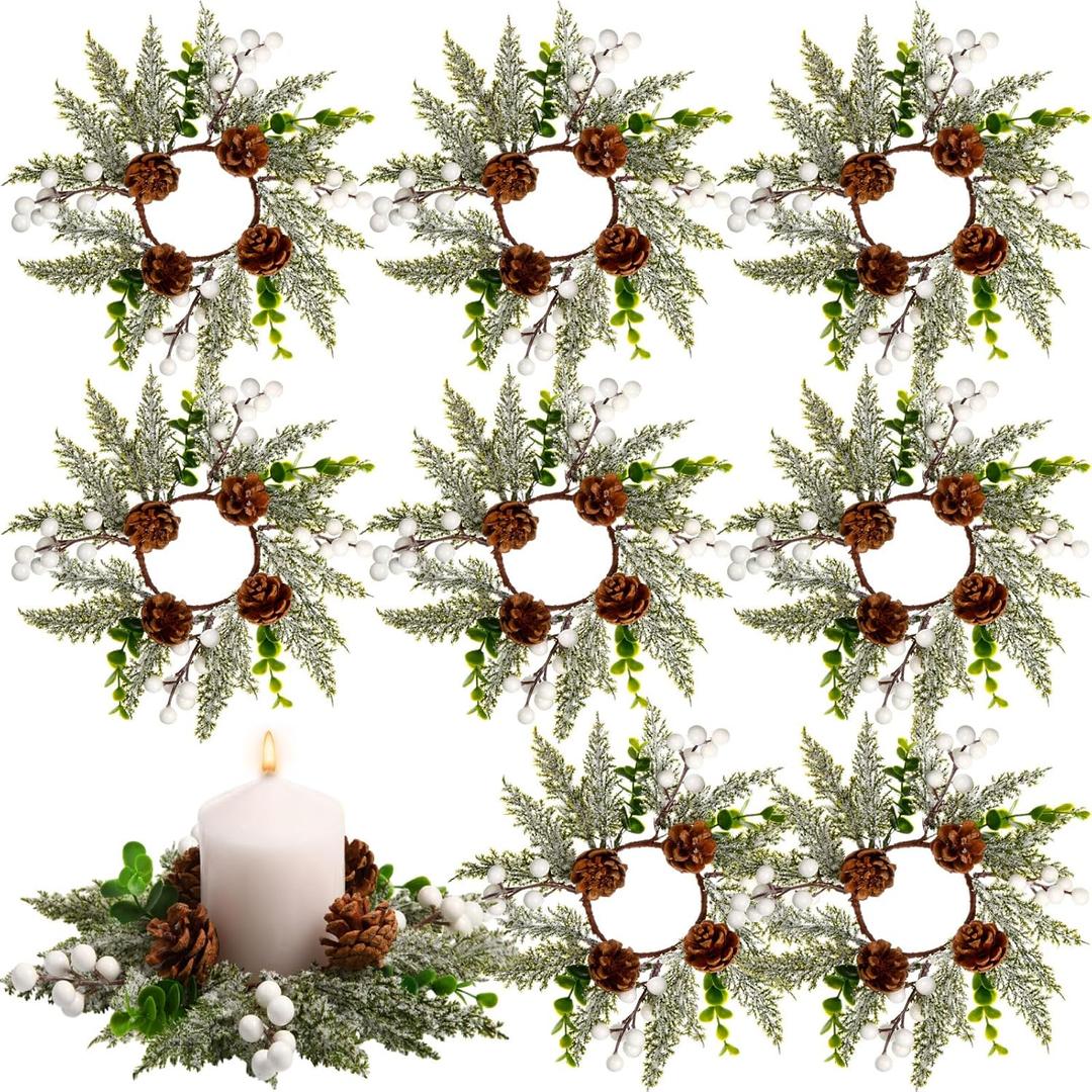 Vercraft 9 Pcs 8" Christmas Candle Rings Wreath Snowy Pine Garland Artificial White Berries and Pine Cones Wreaths Candle Ring Holder for Christmas Wedding Festive Home Table Decoration