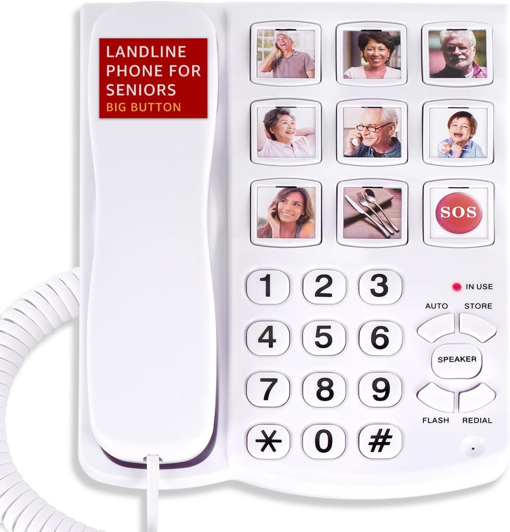 Uvital Big Button Phone for Seniors, Corded Landline Phone with 9 One-Touch Dialing Big Buttons, Hands-Free Calling, Loud Ringer, Easy to Use for Visually Impaired Telephone for Seniors (01-Button White)