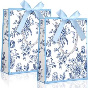 Kolldenn 24 Pcs Blue Floral Gift Bags with Handles 9"x7"x3.15" Elegant Paper Gift Bags with Bow Ribbon for Wedding Birthday Baby Shower Bridesmaid Party