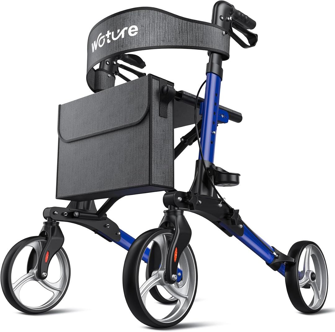 WOTURE Foldable Rollator Walker with Seat & Backrest 8" All Terrain Wheels for Indoor/Outdoor Use, Lightweight Mobility Aid with Storage Bag & Cane Holder, Adjustable Handles & Brakes, Blue