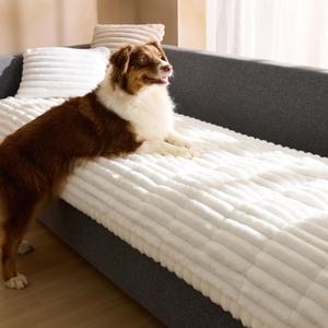 Bedsure Comfyfleece Sofa Cover, Couch Covers for Dogs, 27.6 x 82.7 White | Non-Slip, 300gsm Thick Quilted Padding, Ultra-Soft Corduroy Flannel, Machine Washable, for 3-Cushion/3-Seater/L-Shaped Couch