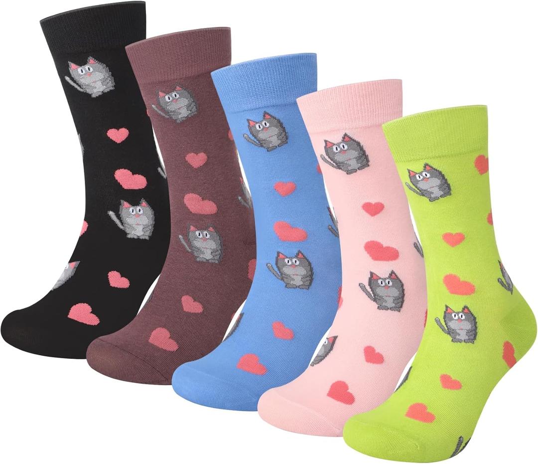 5-6 Pairs Women's Cute Cat Socks Gifts, Funny Novelty Animal Print Crew Cotton Socks Christmas Gifts for Women Girls