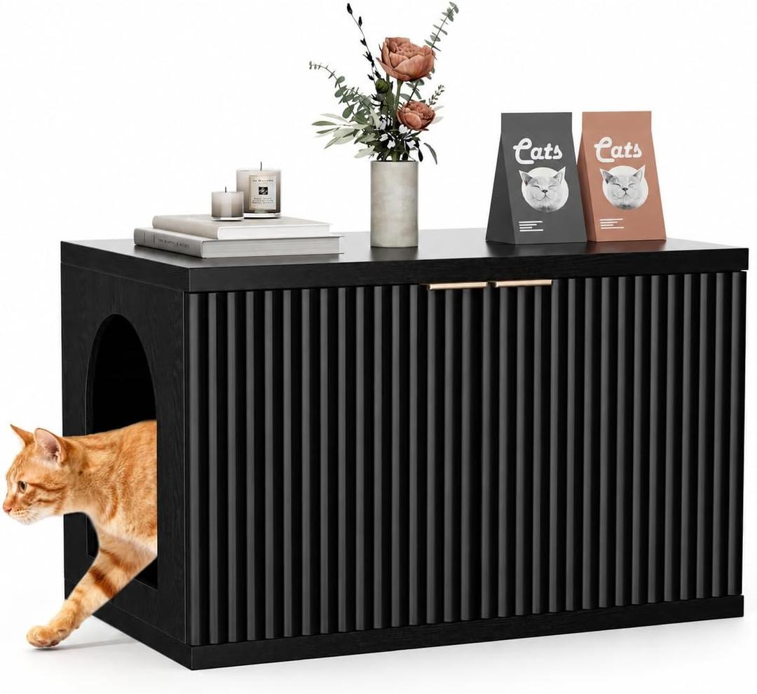 Cat Litter Box Enclosure,Modern Fluted Accent,Black