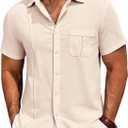 Runcati Mens Cuban Guayabera Shirts Button Down Short Sleeve Shirt Casual Mexican Summer Beach Wedding Tops with Pocket (Beige, S)