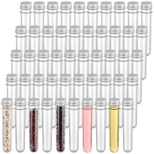 50 PCS 45ml Test Tubes, Plastic Test Tubes with Aluminum Threaded Caps, 1.0 x 5.6 Inches Clear Candy Tubes Vials, Storage Tubes Container for Sample Powder Seed Bead Candy Science Party