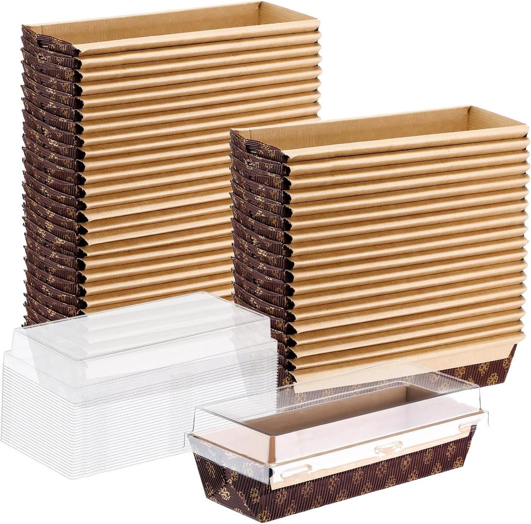 Baderke 50Pcs 7.8x2.56in 1Lb Paper Loaf Pans with Lids, Disposable Paper Pans Mold Bakery Baking Supplies for Bread, Small Meatloaf, Sweets