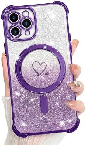 KANGHAR for iPhone 12 Pro Case, Support for MagSafe [Four Corner Cushion Series] Love Heart Pattern Electroplate Edge Shockproof Durable Full Body Protection for Girls Women -Purple