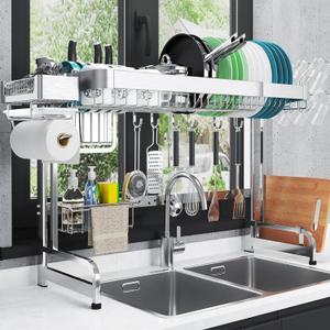 Over The Sink Dish Drainer Drying Rack, 2 Tier Full Stainless Steel Storage Adjustable Length Kitchen Rack, Multifunctional Expandable Counter Organizer, Space Saver Dish Rack (Small, Style A-silver)