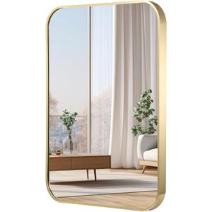 24x32 Inch Gold Bathroom Mirror, Brushed Gold Metal Framed Rectangular Mirror with Rounded Corner, Bathroom Vanity Mirror for Bedroom or Living Room, Horizontal/Vertical