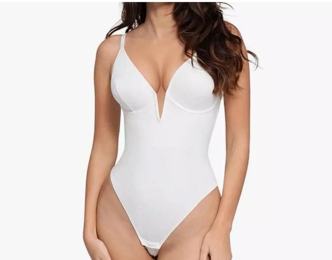 Popilush Medium (4/6) White Bodysuit Tummy Control Shapewear Body Shaper Deep V, Size 3XL