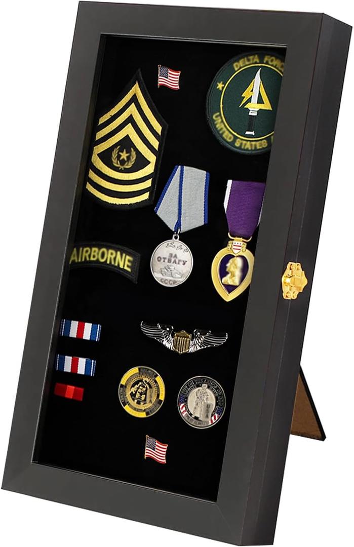 Verani 8.5 x15 Pin Display Case with Real Glass Door Frame Bracket for Military Medals, Beach Tags, Jewelry Pins, Pin Gift, Insignia Ribbons, Pin Enthusiast Collectibles, Black