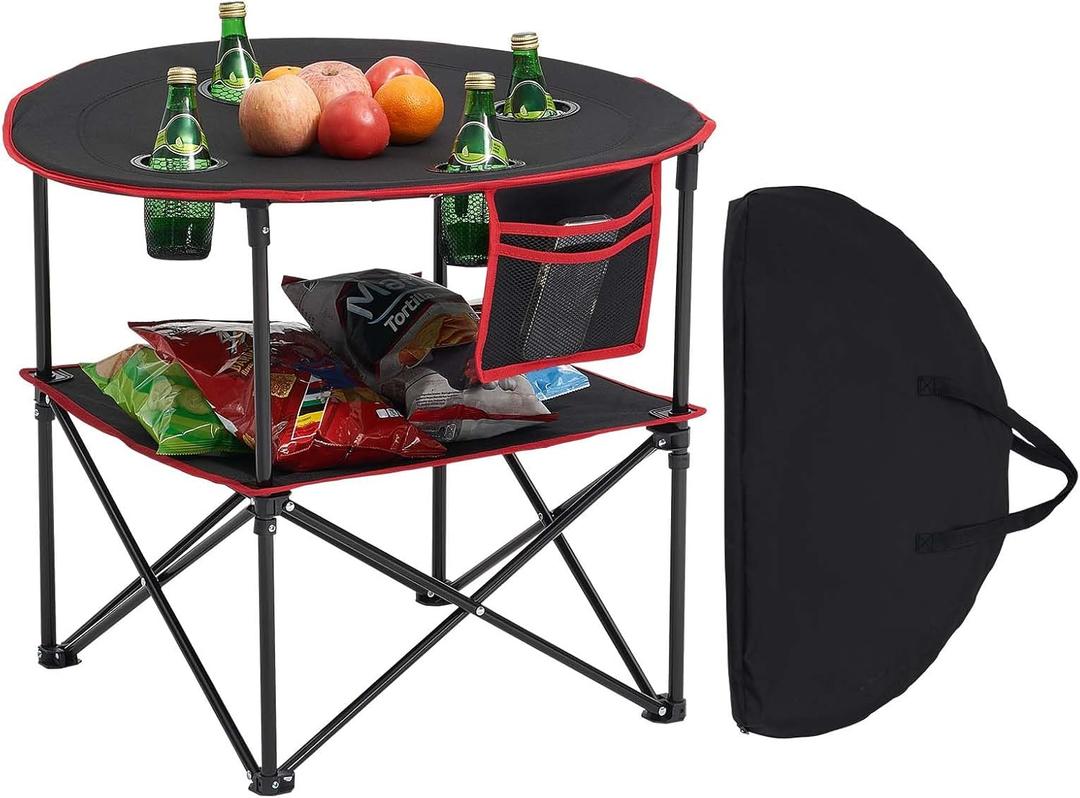 VEVOR Folding Camping Table, Portable Outdoor Lightweight Picnic Table, 600D Oxford Fabric Waterproof Canvas Travel Beach Tables, with 4 Cup Holders, Carry Bag, for Tailgating Camping Picnic, Black, Round, 28.3-inch Diameter