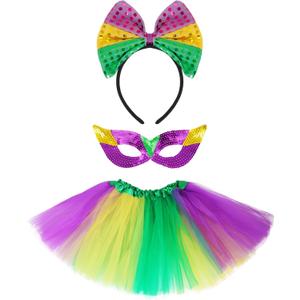 Fumwase 3Pcs Mardi Gras Accessory Set Tutus Skirt for Women Bowtie Headband Mask Mardi Gras Attire Outfit for Women Halloween Party