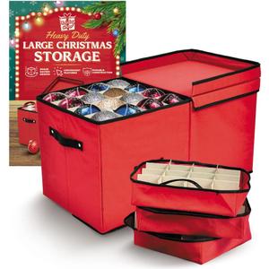 Holiday Cheer Premium Christmas Ornament Storage with 8 Tray – Christmas Storage Container with Dividers Perfect for Holiday Decorations– Fits 128 Holiday Ornaments – Tear-Proof Fabric (Large, Red)