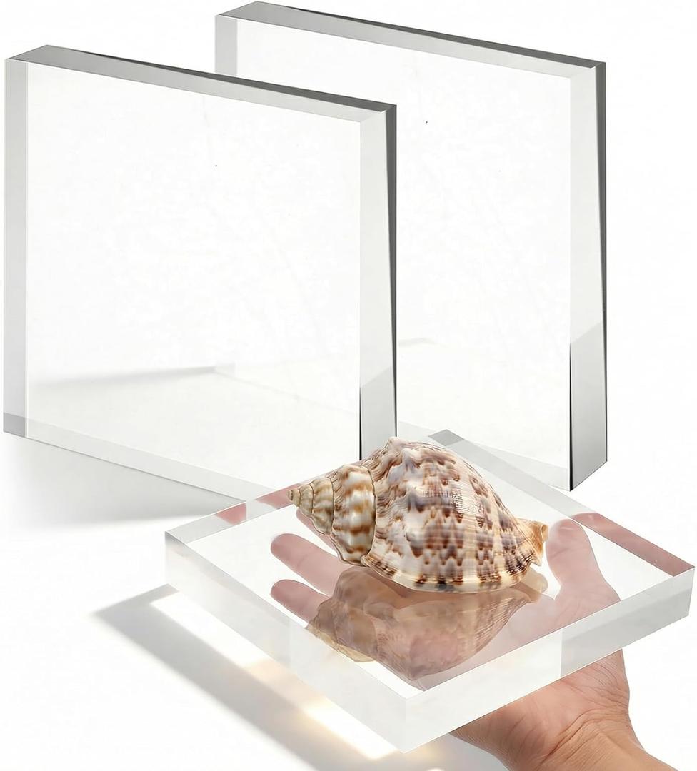 2 Pack 6 x 6 x 1 Inch Clear Acrylic Display Blocks | Polished Square Cube Riser Stand for Jewelry, Collectibles, Trophy, and Cake Decor