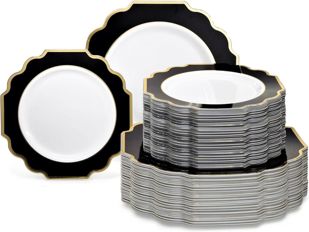 " OCCASIONS " 120 Plates Pack,(60 Guests) Heavyweight Premium Wedding Party Disposable Plastic Plates Set -60 x 10.5'' Dinner + 60 x 8'' Salad/Dessert (Imperial in Black & Gold), 120 Piece
