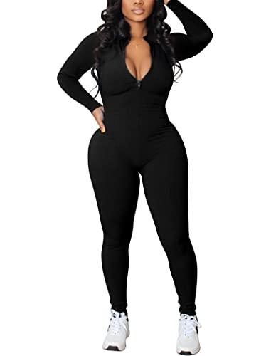 chicyes Women's Sexy Jumpsuits Casual Bodycon Pants One Piece Long Sleeve Ribbed Romper Plus Size Fall Outfits Black, Size XXL