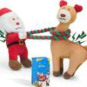 UNISE Christmas Dog Toys, 2 Pack Squeaky Dog Toys, Stuffed Dog Toys for Large Medium Small Dogs, Dog Christmas Toys with Detachable Rope, Crinkle Dog Toys to Keep Them Busy - Santa Claus & Reindeer