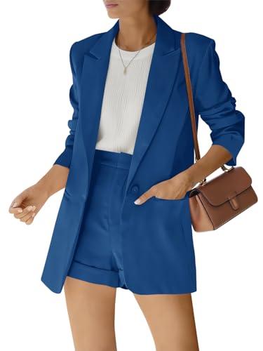 Fisoew Women's 2 Piece Open Front Long Sleeve Blazer and Solid Short Pants Suit Sets Royal Blue XL