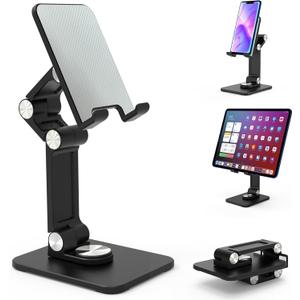 Jusanice 360 Rotating Cell Phone Stand, Folding Phone Stand, Adjustable Height and Angle Foldable Cell Phone Stand Holder for Desk, Taller iPhone Stand Compatible with iPad Smartphones Tablet (Black)