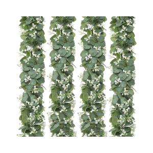 KHOYIME Eucalyptus Garland with White Flowers, 4 Packs 5.9Ft Artificial Silver Dollar Eucalyptus Leaves Plant Fake Greenery Hanging Ivy Vines Faux Wreath for Wedding Arch Party Mantle Table Home Decor