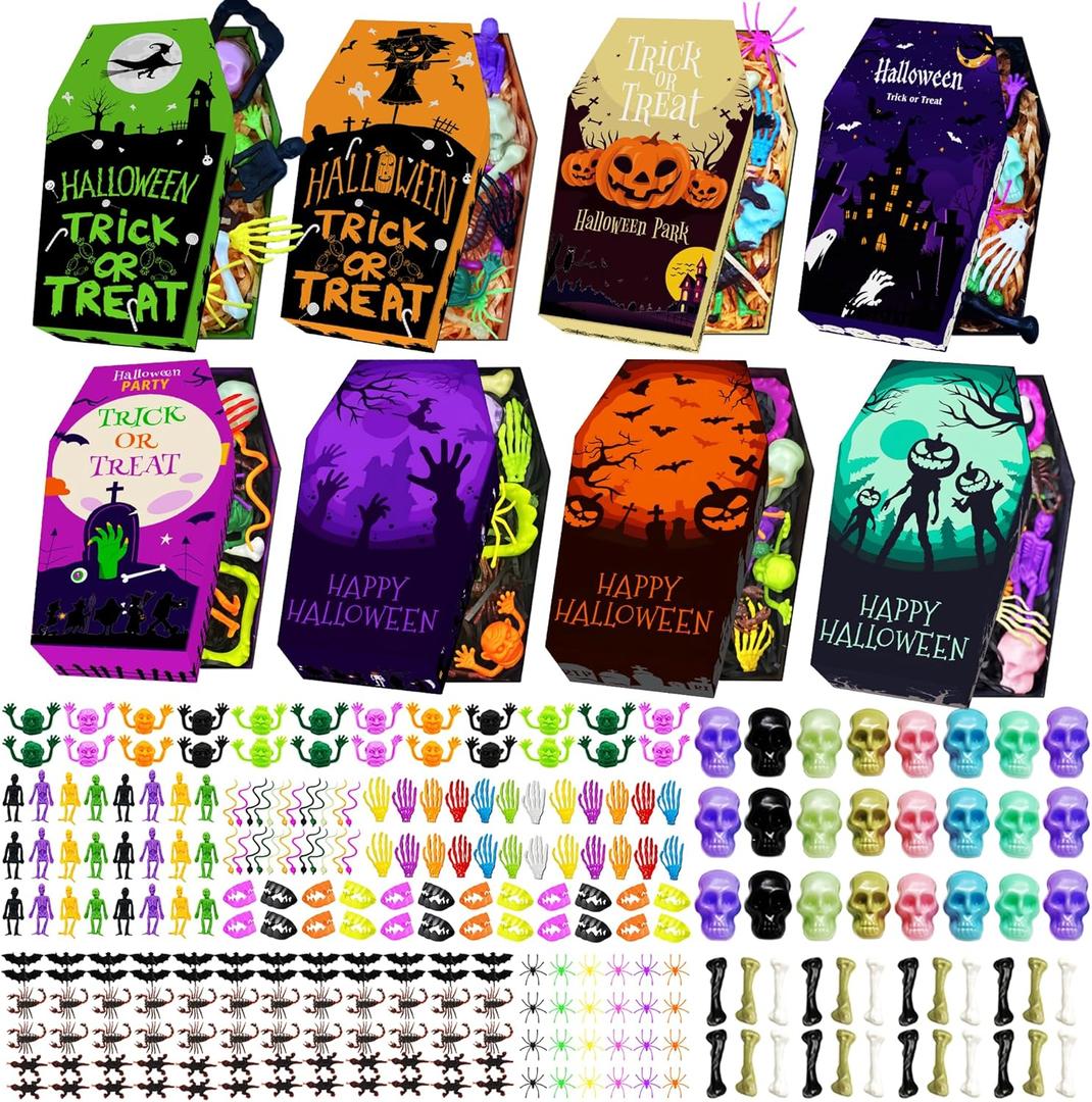24 Pack DIY Halloween Coffin Treat Boxes  290 Pcs Party Favors with Assorted Toys, Build Your Own Spooky Goodie Bags,Halloween Candy Bags,Gift Basket Stuffers for Kids,No Candy Included