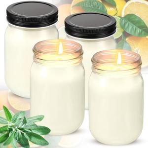 MTLEE 4 Pack 12 oz Mason Jar Soy Candle with Essential Oils Scented Soy Wax Candles for Home Valentine Christmas Wedding Birthday Gift Farmhouse Collection Baby Shower Party(Sage Mixed with Citrus)