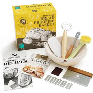 Superbaking 9' Round Banneton Bread Proofing Basket Gift Set Sourdough Starter Kit for Crusty Artisan Style Loaves, Includes Essential Bread Baking Supplies & Tools - Ideal Gift for Bakers