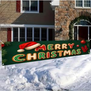Merry Christmas Banner 118x20 Inches Green Backdrop Gingerbread Lettering Santa Hat Red Gloves Christmas Ornaments Holiday Wall Hanging Indoor Outdoor Winter Party Decoration