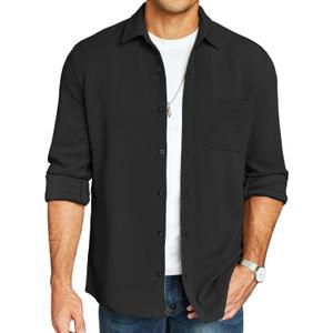COOFANDY Men's Lightweight Shirt Shacket Long Sleeve Textured Button Down Shirts Casual Jacket (Black), S