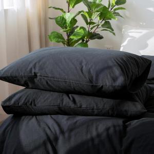 MooMee Bedding Pillowcases Pack of 2 100% Washed Cotton Linen Like Textured Breathable Durable Soft Comfy (Solid Black, King)