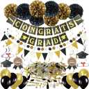 ZERODECO Graduation Decorations, Black and Gold Congrats Grad Banner Paper Pompoms Hanging Swirls Graduation Confetti Paper Garland Party Balloons for Grad Party Decoration Supplies