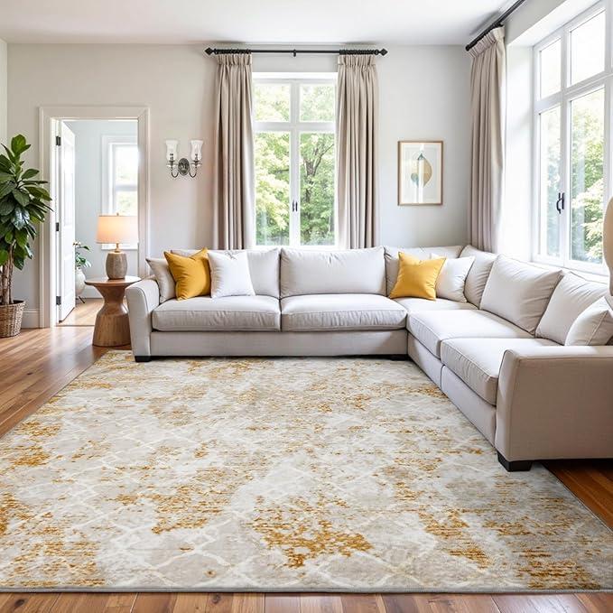 Area Rug 8x10 Machine Washable Rug Vintage Traditional Floor Cover Foldable Thin Retro Indoor Non Slip Carpet Floral Print Mat Bedroom Living Room Dining Room Office,Hidden Pattern Gold