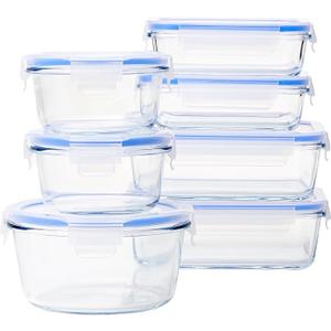 Amazon Basics Leak-Proof Glass Locking Lids Food Storage Containers, 14-Piece Set, 7 Count of Bases and 7 Plastic Lids, Clear, Blue, BPA Free