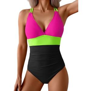 Aidonger Women's One Piece Color Block Swimsuit Tummy Control Slimming Bathing Suit V Neck Cutout High Waisted Swimwear at Amazon Womens Clothing Store XL