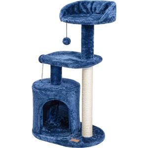 ClevaHome Small Deep Denim Blue Cat Tree for Small Spaces, Kittens, 33.5" Multi-Level Condo with Sisal Scratching Post, Plush Perches & Interactive Pompom Toy for Indoor Cats