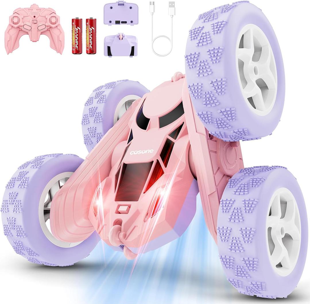 cosone Pink Purple RC Stunt Car for Kids | 360 Rotating Tricks, Double-Sided Driving, LED Lights, USB-C Rechargeable Battery, One-Click Demo