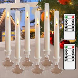 Lezonic Flameless Windows Candles Battery Operated with Timer Remote, 6Pcs Burgundy Red Acrylic Flameless Candlesticks with Holders, LED Taper Candles Flickering for Christmas, 0.8 x 8 inches