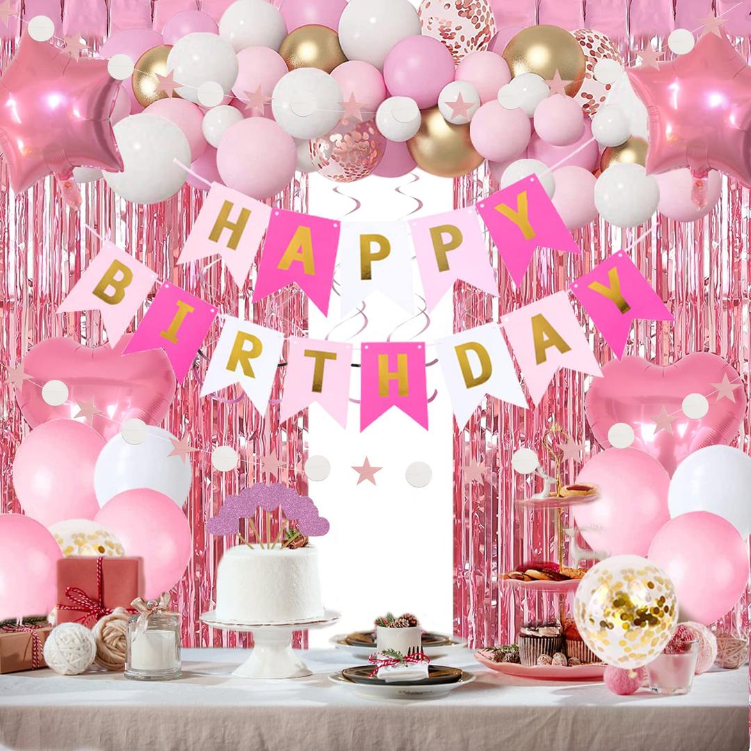 Pink Princess Birthday Party Supplies Decorations, Including Backdrop, Tablecloth, Birthday Banner, Hanging Swirls, Balloons, Cake Toppers for Cute Girls Party 2 pack