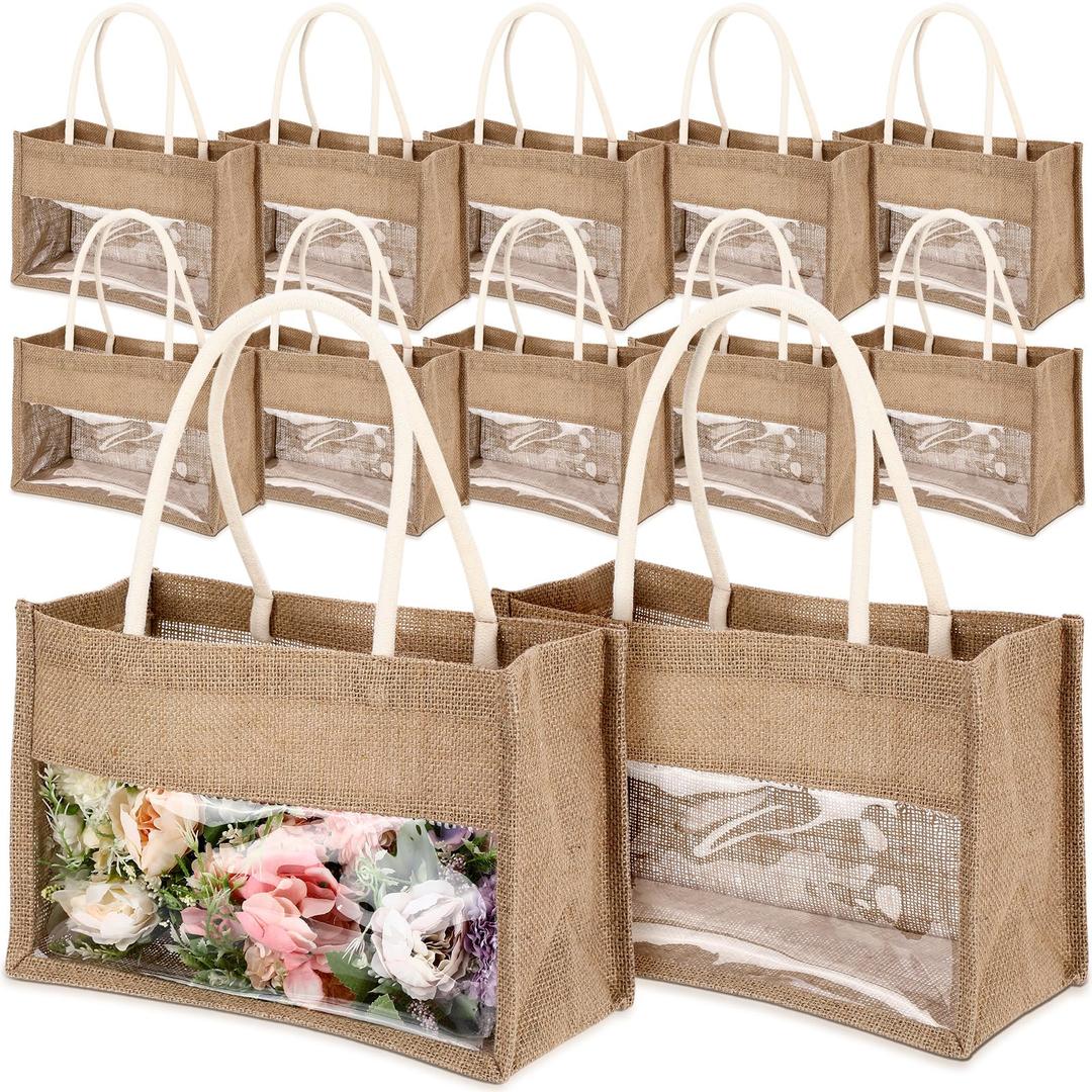 Reginary 16 Pcs Beige Trim Jute Tote Gift Bags with Clear PVC Window Natural Burlap Grocery Shopping Bag Beach Tote with Handle for Bridesmaid Wedding Travel