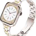 Slim Metal Band for Apple Watch Bands for Women 44mm 45mm 46mm 49 42mm(S3) iWatch Bands, Stainless Steel Thin Dressy Strap for Apple Watch Band Series 11 10 9 8 SE 7 6 5 4 3-Starlight+Gold