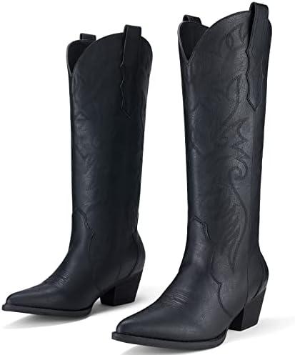 Rollda Cowboy Boots for Women Cowgirl Boots Embroidered Knee-High Western Boots Pointy Toe with Chunky Heel, 6